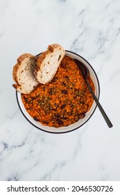 Vegan Chilli Sin Carne With Black Beans And Red Lentils In Spicy Tomato Sauce, Healthy Plant-based Food Recipes