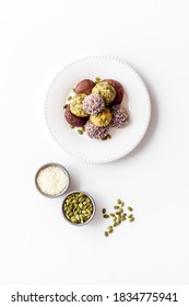 Vegan chocolate coconut truffles - protein energy balls, top view