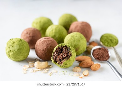 Vegan Chocolate Date Truffles With Green Tea Matcha Powder And Nuts