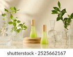 Vegan cosmetic advertising with two mockup bottles, one placed on wooden podium and the other on table, against on white background. Several types of glassware and green plants decorated around