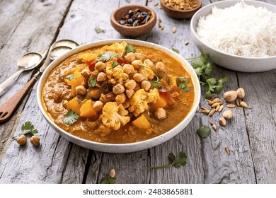 Vegan curry with cauliflower, chickpeas and butternut squash topped with peanuts, served with rice and cilantro - Powered by Shutterstock