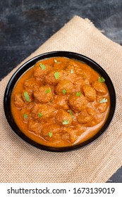 Vegan curry roast  healthy soy meat ,chunks,ball. Masala Soya Chunk Curry made using Soyabean nuggets and spices - protein rich food from India