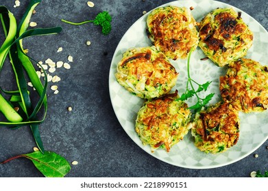 Vegan Cutlets From Zucchini, Oatmeal And Greens. Healthy Food, Vegetable Cutlet