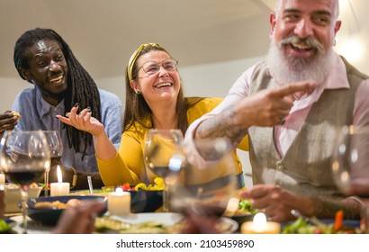 Vegan Dinner Party With Happy Friends, Different People African American Having A Vegetarian Home Meal, Multicultural And Multi Age Group