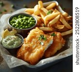 Vegan fish and chips served with sweet potato fries, crispy batter on plant-based fillets, paired with a side of zesty vegan tartar sauce