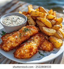 Peixe vegano e batatas fritas servidas com batatas fritas doces, massa crocante em filetes à base de plantas, emparelhado com um lado de molho tártaro vegano picante