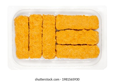 Vegan Fish Fingers, Ready To Fry In A Clear Plastic Container. Vegan Fish Sticks, Based On Soy Protein, In Crispy Breading, Pre-fried And Cooked. Close-up, From Above, Isolated Over White, Food Photo.