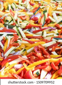 Vegan Food, Diet. Vegetable Sticks, Pasta From Carrot, Zucchini, Bell Pepper. Mexican Food Festival. Top View 
And Closeup. Ingredients For Fajitas, Tacos And Quesadilla Traditional Food. National Day