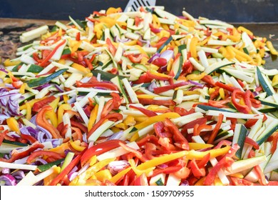 Vegan Food, Diet. Vegetable Sticks, Pasta From Carrot, Zucchini, Bell Pepper. Mexican Food Festival. Top View 
And Closeup. Ingredients For Fajitas, Tacos And Quesadilla Traditional Food. National Day