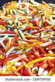 Vegan Food, Diet. Vegetable Sticks, Pasta From Carrot, Zucchini, Bell Pepper. Mexican Food Festival. Top View 
And Closeup. Ingredients For Fajitas, Tacos And Quesadilla Traditional Food. National Day