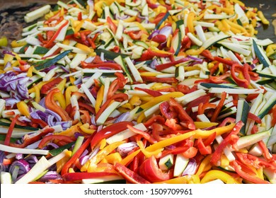 Vegan Food, Diet. Vegetable Sticks, Pasta From Carrot, Zucchini, Bell Pepper. Mexican Food Festival. Top View 
And Closeup. Ingredients For Fajitas, Tacos And Quesadilla Traditional Food. National Day