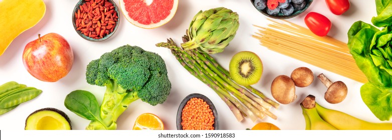 Vegan Food Flatlay Panorama. Healthy Diet Concept. Fruits, Vegetables, Legumes, Mushrooms, Overhead Shot On A White Background