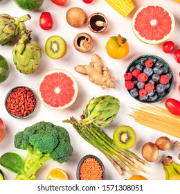 Vegan Food. Healthy Diet Concept. Fruits, Vegetables, Pasta, Nuts, Legumes, Mushrooms, Overhead Square Shot On A White Background. A Flatlay Composition