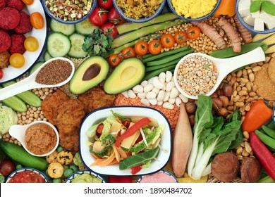 Vegan Food For A Healthy Immune Boosting Diet With Legumes, Vegetables, Nuts, Dips, Grains, Snacks And Cereal Products. Plant Based Health Foods For Ethical Eating And A Healthy Planet. Flat Lay.