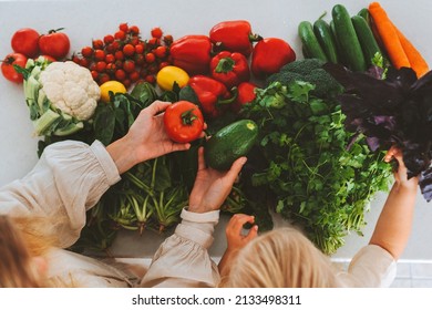 Vegan Food On Table Healthy Eating Family Cooking Vegetables Ingredients Organic Nutrition Sustainable Lifestyle Grocery Shopping Mother And Child In Kitchen