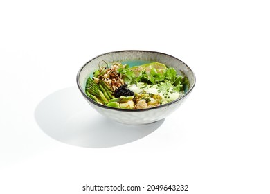 Vegan Food - Poke Bowl With Vegetables, Edamame Beans, Soybean Sprouts. Poke Bowl With Avocado And Vegetables Isolated On White Background. Eat Less Meat. Plant - Based Eating