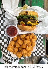 Vegan Food Truck, Mac N' Cheese Burger With Tater Tots.