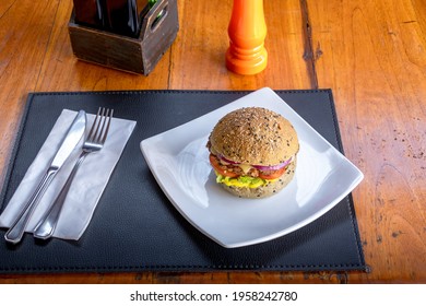 Vegan Food. Veggie Burger On A Plate.