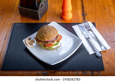 Vegan Food. Veggie Burger On A Plate.