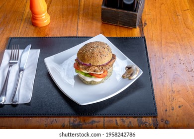 Vegan Food. Veggie Burger On A Plate.