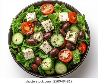 Vegan Greek Salad with Mixed greens with cucumbers, tomatoes, olives, and vegan feta cheese. - Powered by Shutterstock