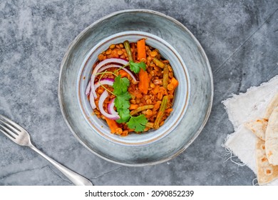 Vegan Green Lentil Curry With Paratha Flatbread - Overhead View