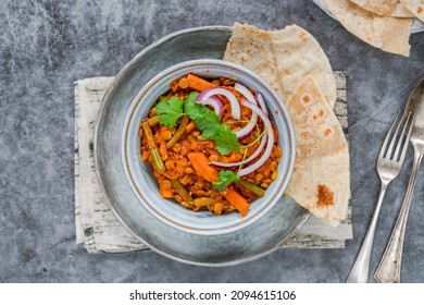 Vegan Green Lentil Curry With Paratha Flatbread - Overhead View