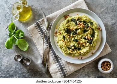 Vegan Green Risotto With Zucchini Cream And Walnuts