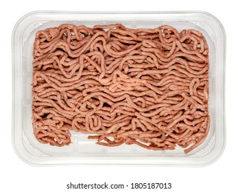 Vegan Ground Meat In A Plastic Tray. Substitute For Minced Meat Based On Pea Protein, With Onions And Spices. Meat Alternative. Close-up, From Above, Isolated On White Background, Macro Food Photo.