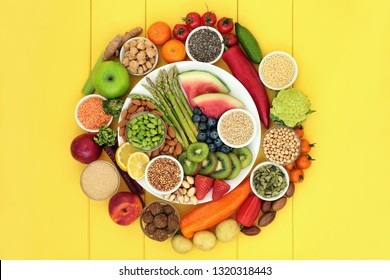 Vegan Health Food With Fresh Fruit And Vegetables, Grains, Nuts, Seeds, Sos Mix, Quinoa Balls, Spice And Legumes. Super Foods High In Antioxdants, Protein, Vitamins And Dietary Fibre.