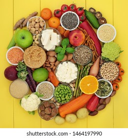 Vegan Health Food With Fruit, Vegetables, Grains, Nuts, Seeds, Sos Mix, Herbs, Tofu, Almond Yoghurt, Spice, Peanut Butter, Quinoa Balls & Legumes. Foods High In Antioxidants, Protein &  Dietary Fibre.