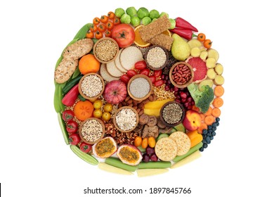 Vegan Health Food High In Fibre An Good For Digestive Health. Foods In A Circle And High In Antioxidants, Minerals, Vitamins, Anthocyanins, Omega 3, Protein And Smart Carbs. On White Background.