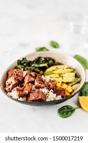 Vegan Healthy Bowl With Rice, Salad And Jackfruit On Dark Backround