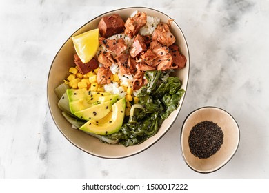 Vegan Healthy Bowl With Rice, Salad And Jackfruit On Dark Backround