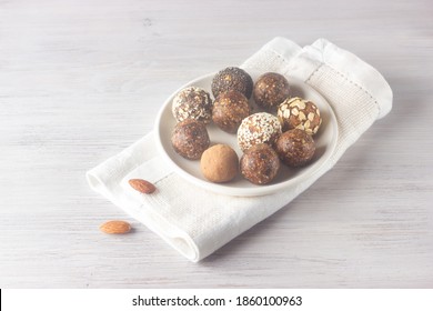 Vegan Healthy Energy Balls With Oatmeal, Chia Seed, Coconut Flakes, Cocoa, Dried Fruits And Almond. No Cook Energy Bites.