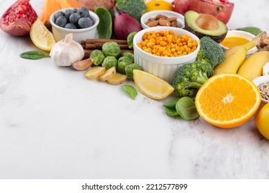 Vegan high dietary fibre and immune boosting health food with fruit, vegetables, whole wheat pasta, legumes, cereals, nuts and seeds with foods high in omega 3, antioxidants, anthocyanins, vitamins. - Shutterstock ID 2212577899