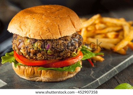 Vegan Homemade Portabello Mushroom Black Bean Burger with Fries