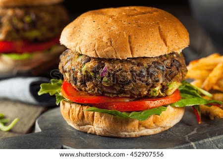 Vegan Homemade Portabello Mushroom Black Bean Burger with Fries