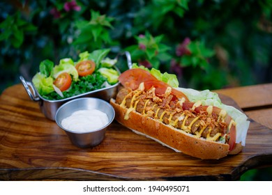 Vegan Hotdog, Made Up Of Plant Based Sausage And Bread.