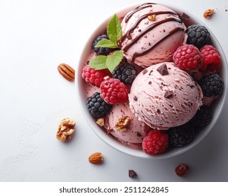 Vegan Ice Cream Sundae | Scoops of dairy-free ice cream topped with fresh berries, nuts, and chocolate drizzle. - Powered by Shutterstock