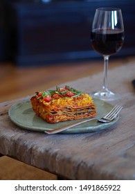 Vegan Lasagna On The Wooden Table 