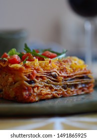 Vegan Lasagna On The Wooden Table 