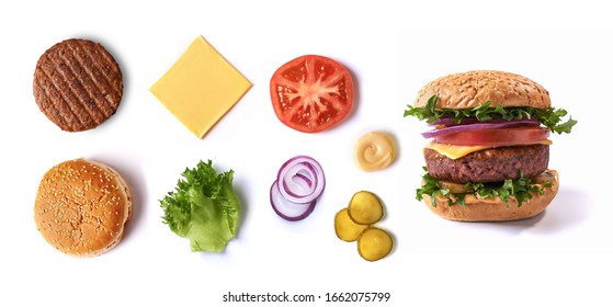 Vegan Meatless Burger Ingredients Isolated On White Background. Top View