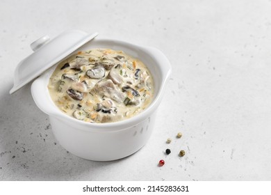 Vegan Mushroom Pasta Sauce In Pot. Top View, Copy Space.