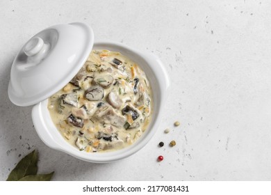 Vegan Mushroom Pasta Sauce In Pot. Top View, Copy Space.