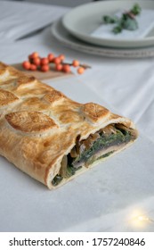 Vegan Mushroom Portobello Wellington Spinach Puff Pastry Christmas Leaves Festive Dinner Special Fine Dining