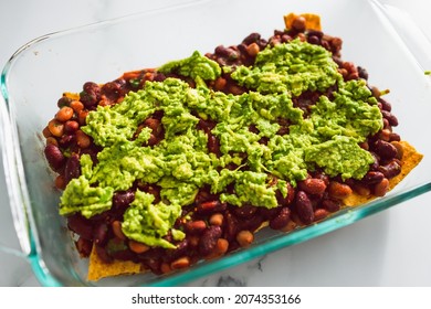 Vegan Nachos With Corn Chips Bean Mix And Fresh Guacamole, Healthy Plant-based Food Recipes