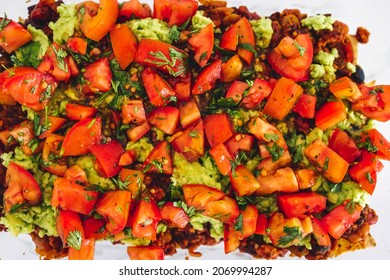 Vegan Nachos With Corn Chips Beans Guacamole And Fresh Tomato Salsa, Healthy Plant-based Food Recipes