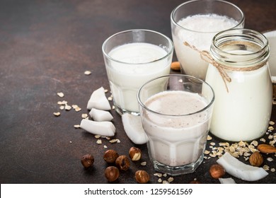 Vegan Non Dairy Alternative Milk. Coconut, Almond, Hazelnut, Oat Homemade Milk.