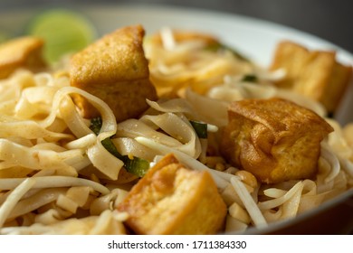 Vegan Pad Thai Homemade Close Up With Tofu